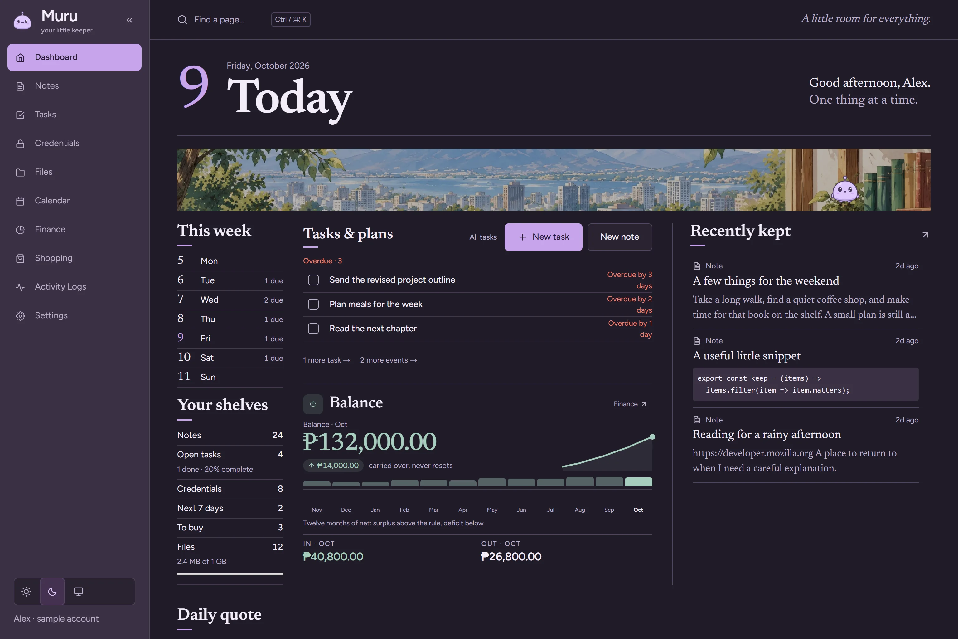 Compact Daybook dashboard with the date, tasks and plans, balance, shelves and recently kept material. Sample content.