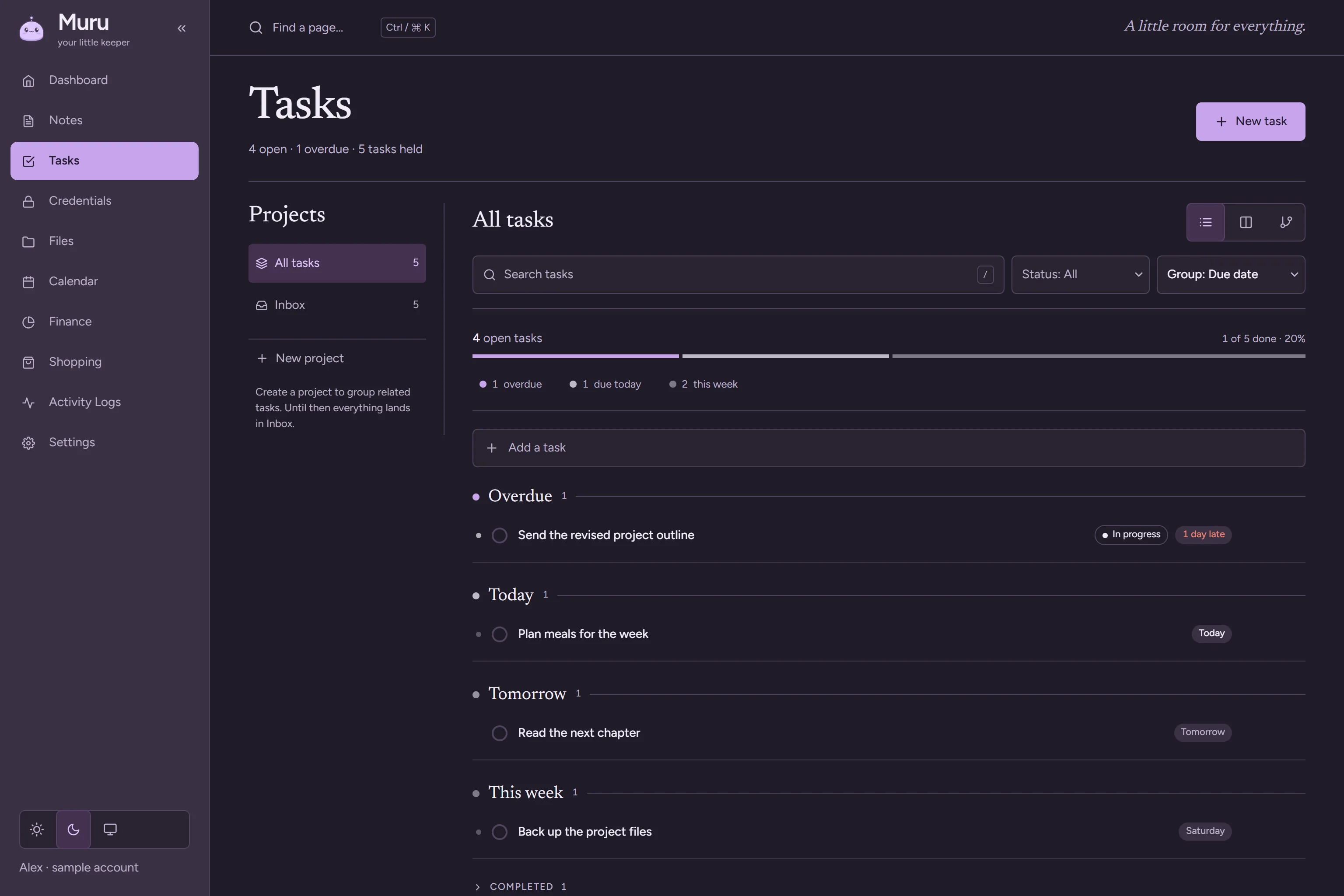 The Tasks board: a workload bar, a search and filter row, and a list of open tasks with due dates.