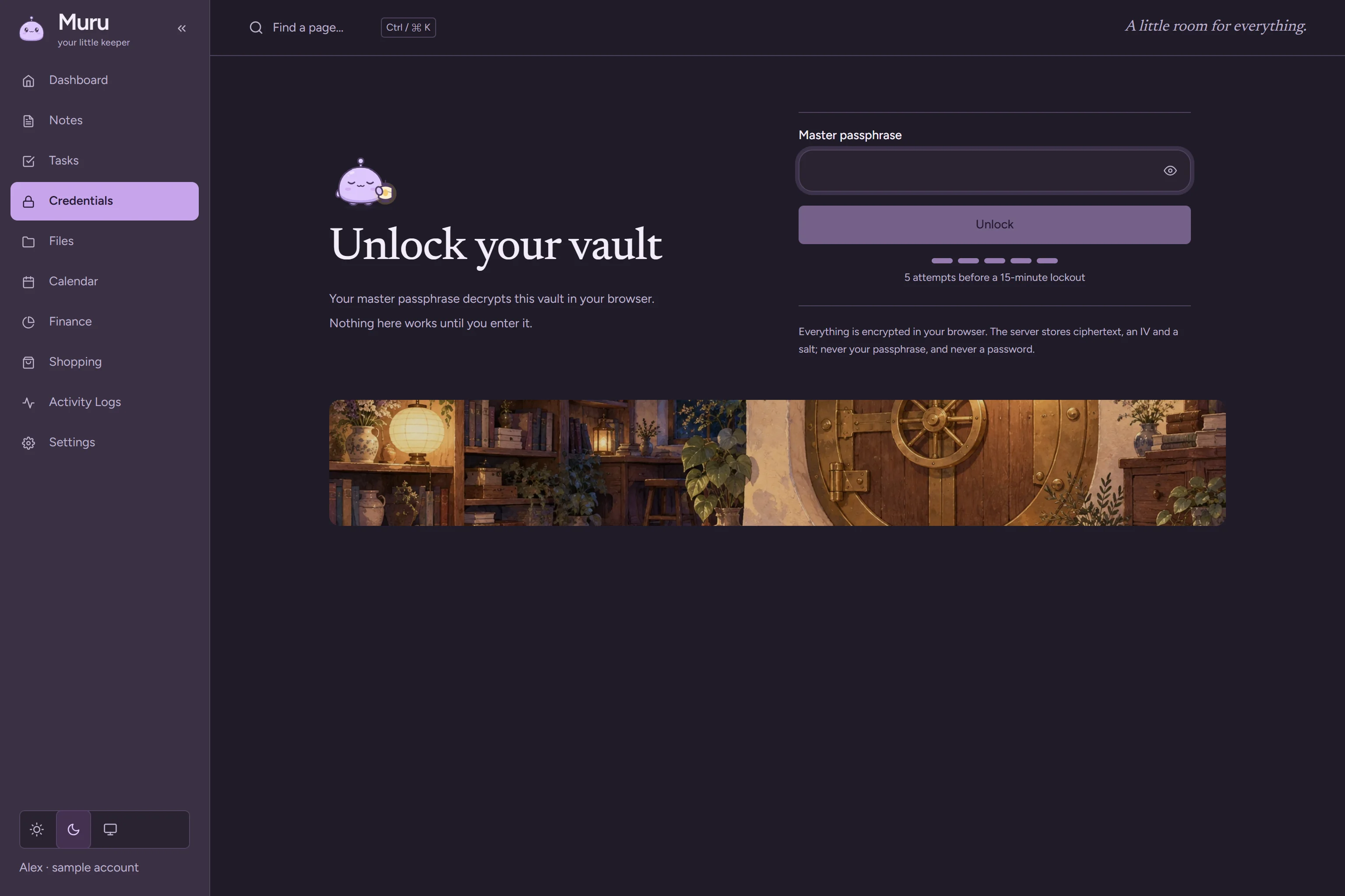 The vault's unlock screen: a vault door with Muru standing guard and a master passphrase field.