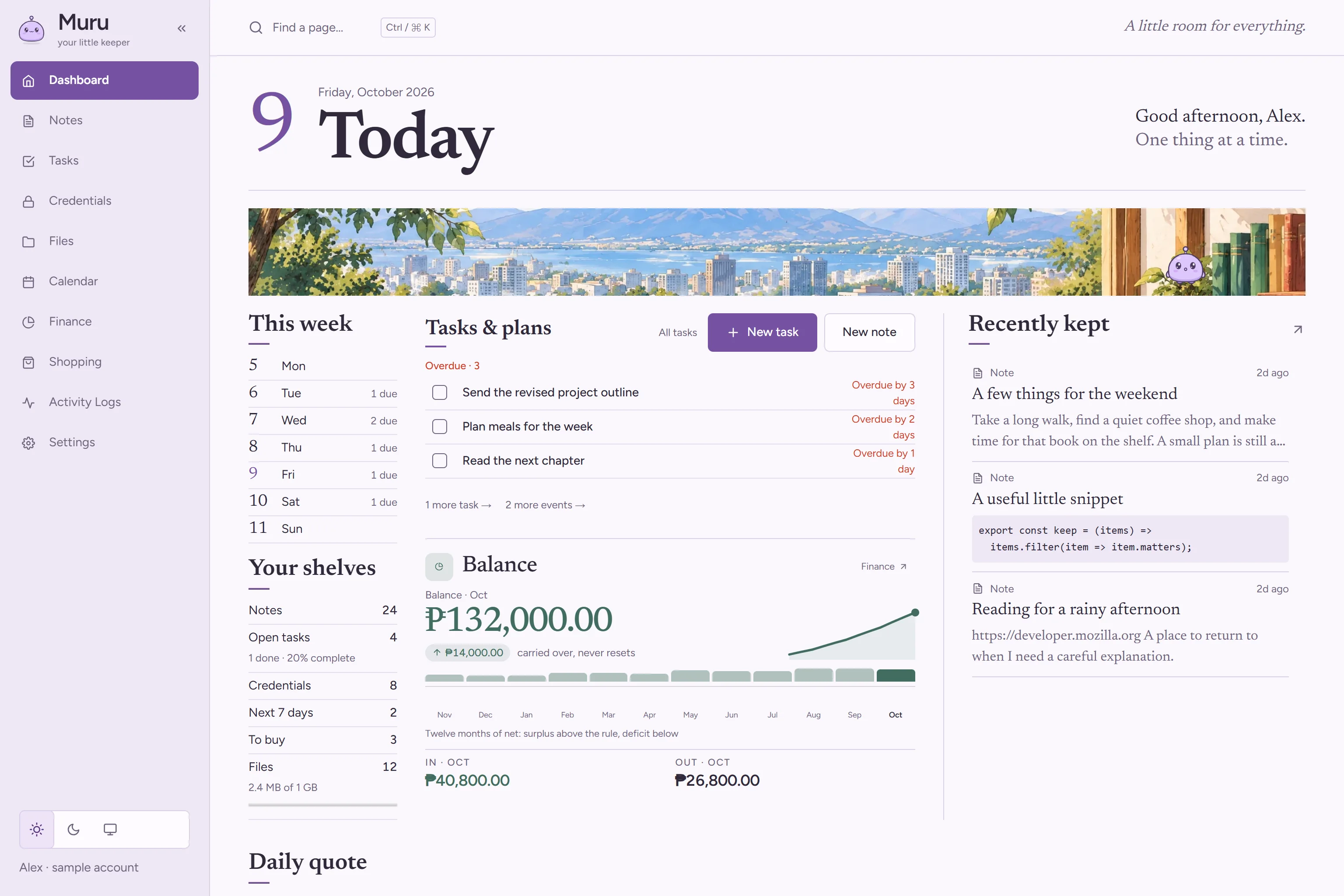 Compact Daybook dashboard with the date, tasks and plans, balance, shelves and recently kept material. Sample content.