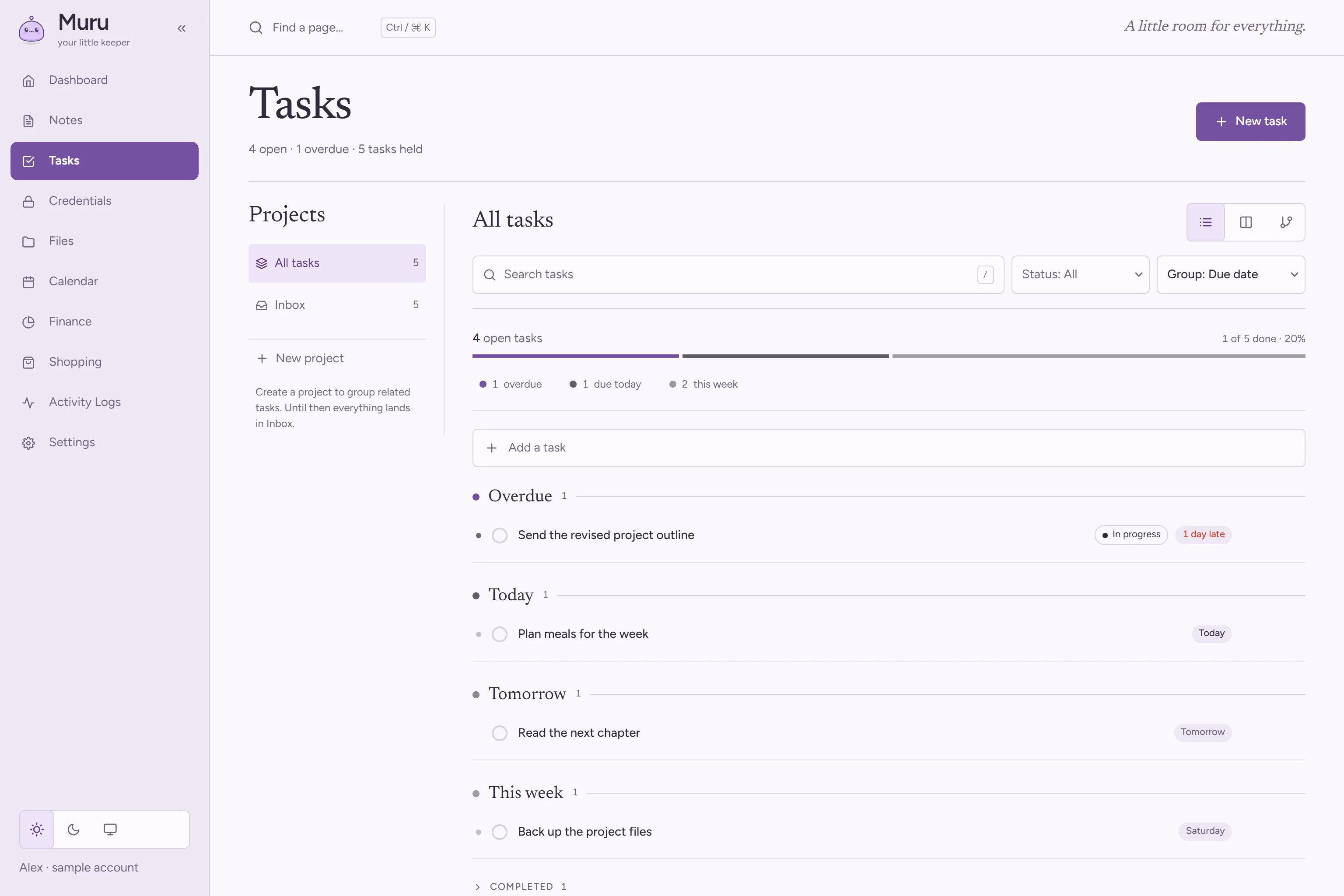 The Tasks board: a workload bar, a search and filter row, and a list of open tasks with due dates.