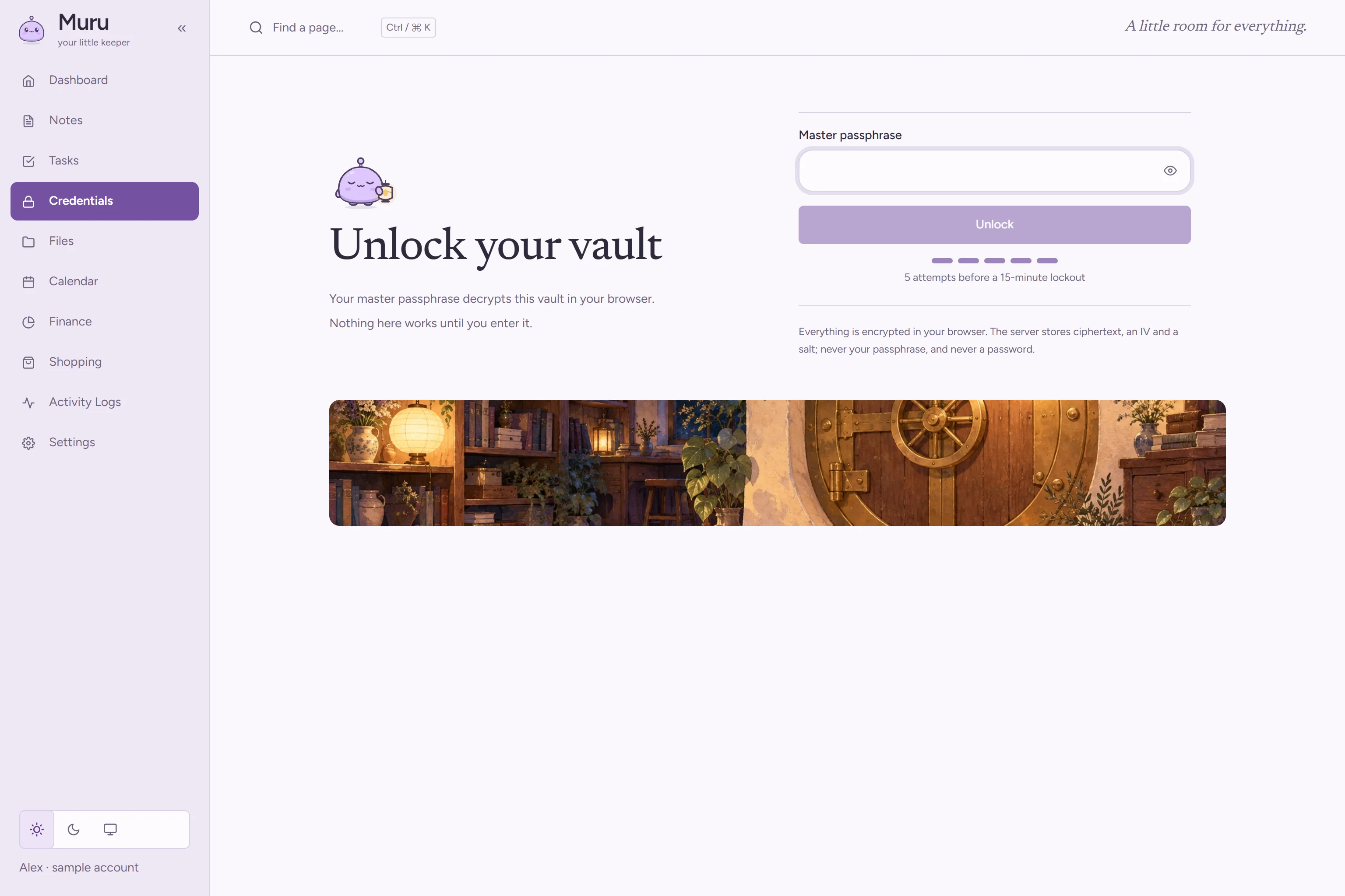 The vault's unlock screen: a vault door with Muru standing guard and a master passphrase field.